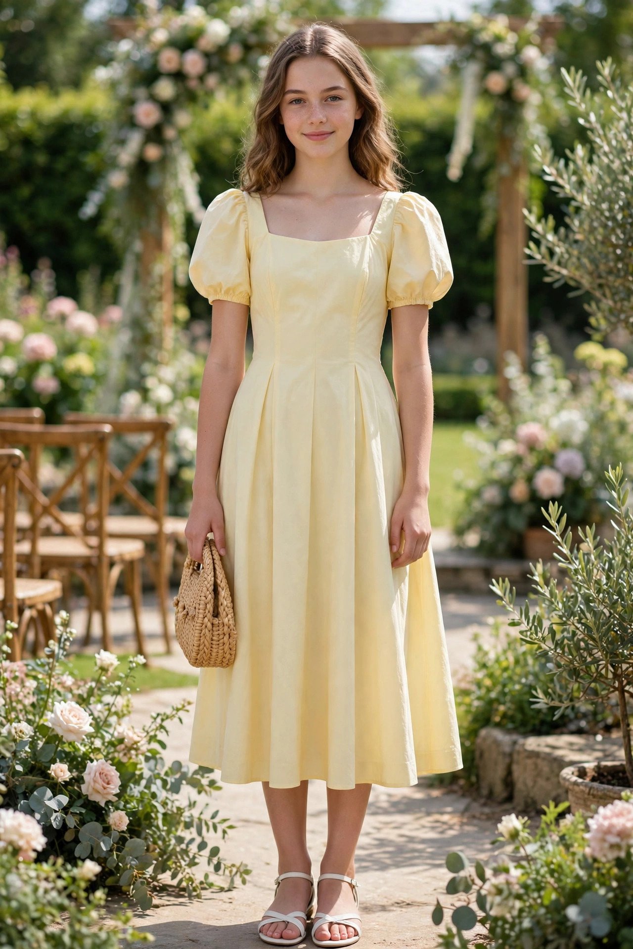 Teenage girl in a pastel yellow puff-sleeve midi dress at a daytime garden wedding