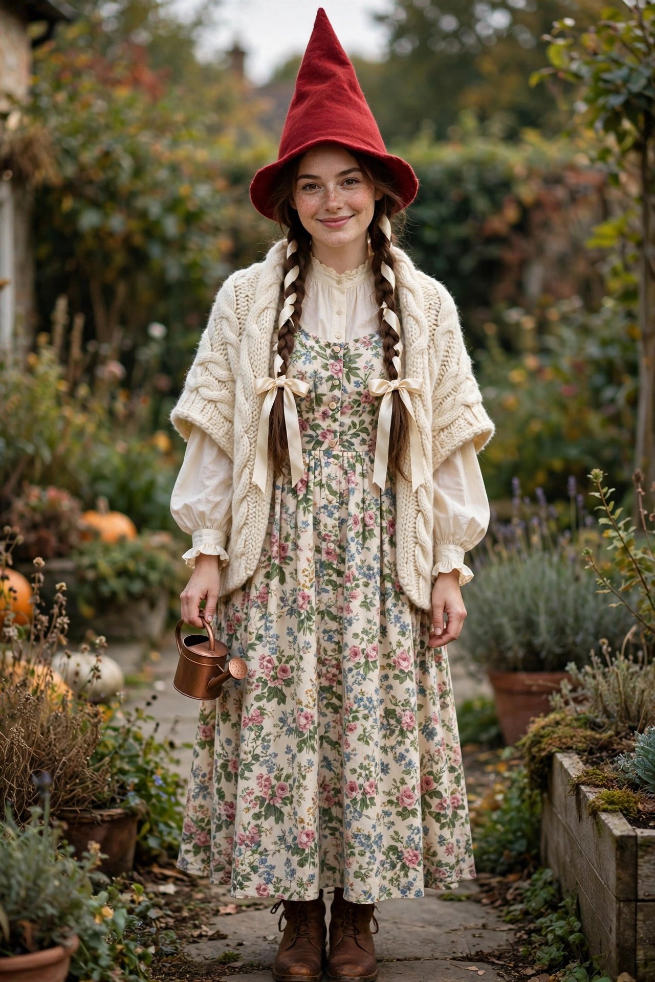 Adult woman in a cute female garden gnome Halloween costume with floral dress, tall red pointed hat and braids