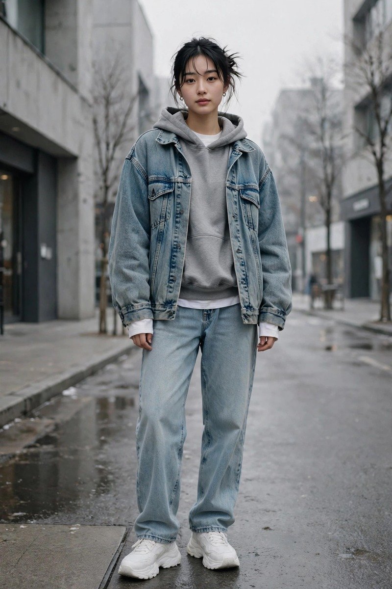 Woman wearing a white long-sleeve tee under a grey hoodie and an oversized faded denim jacket with mom jeans and sneakers