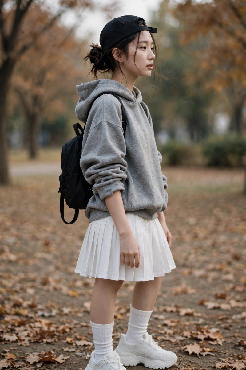 Woman in heather grey oversized hoodie with white pleated tennis skirt and sneakers