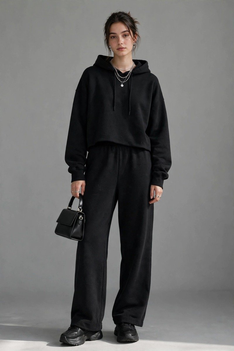 Matching black oversized hoodie and wide-leg sweatpants set styled for acubi streetwear