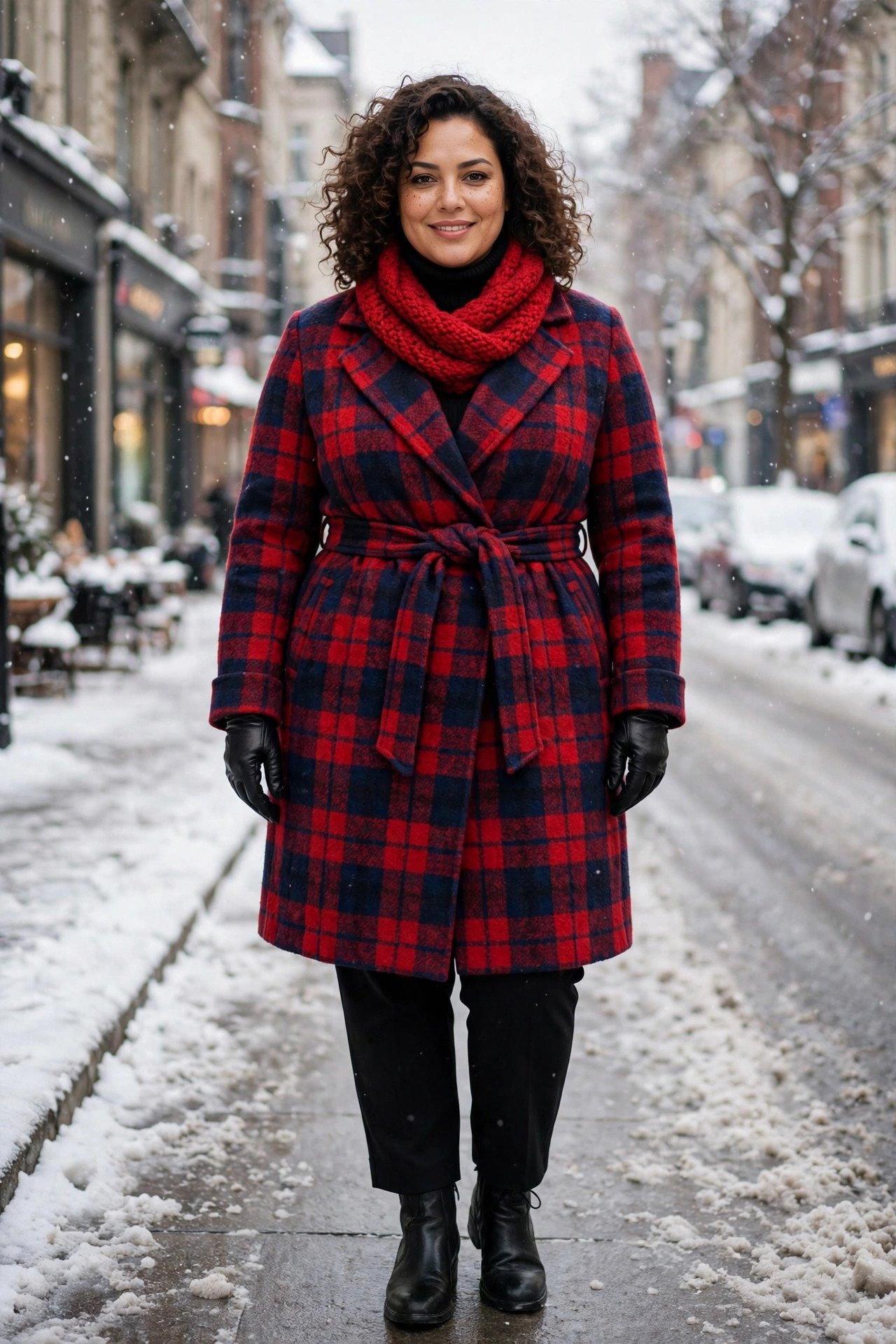 Plus-size woman in red plaid wrap coat over an all-black outfit