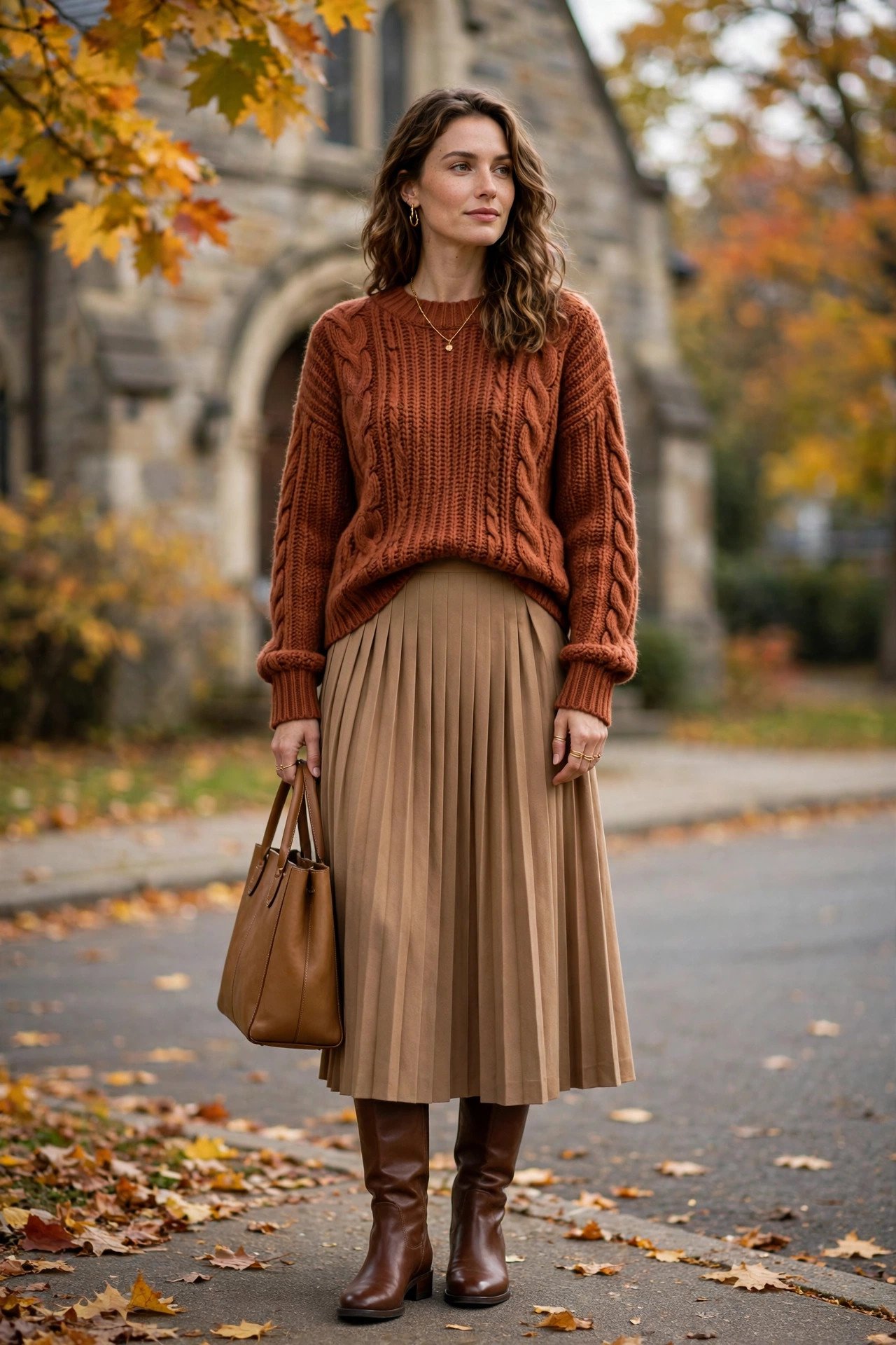 Woman wearing a rust chunky sweater with a pleated camel midi skirt and brown boots