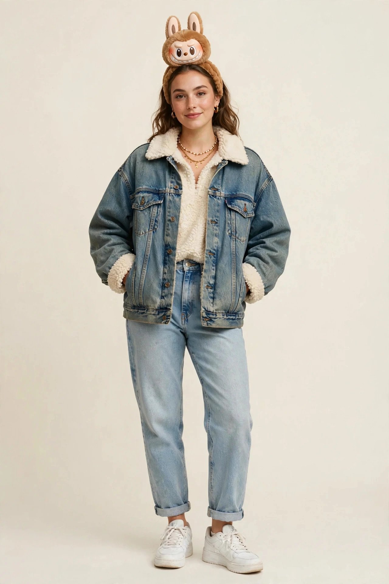 Woman in a Labubu costume with an oversized denim jacket, fluffy bunny ears and a toothy-grin face