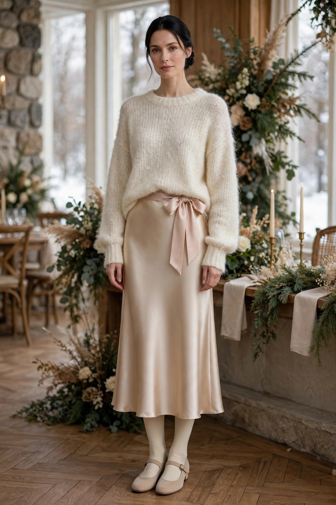 Champagne satin midi skirt with an oversized cream mohair sweater and ribbon belt