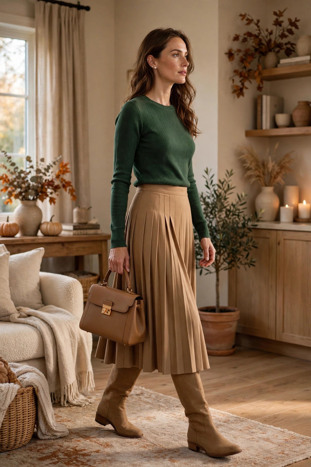 Woman in a forest green sweater with a camel pleated midi skirt and tan boots