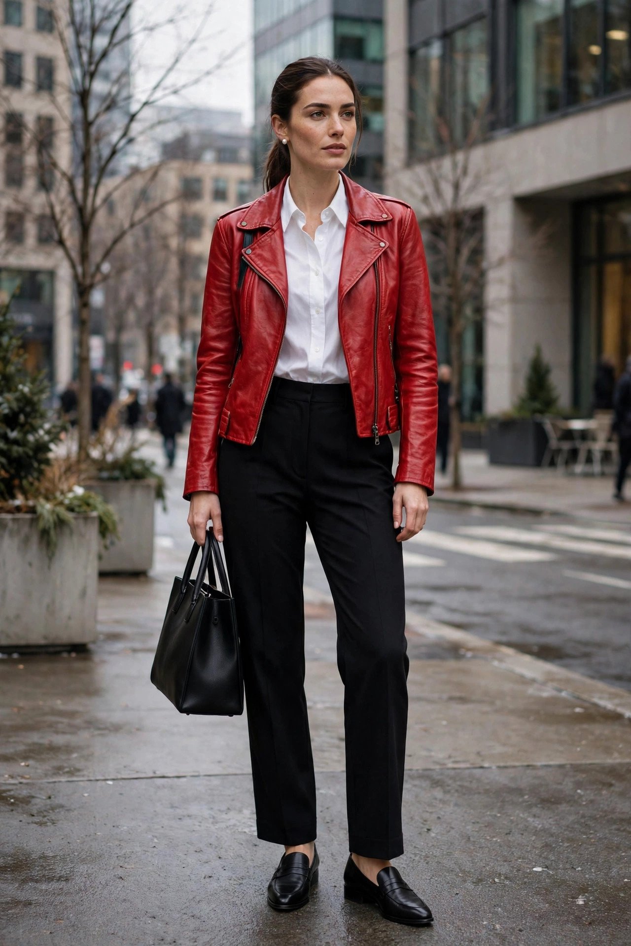 Woman in red leather jacket with white shirt and black trousers