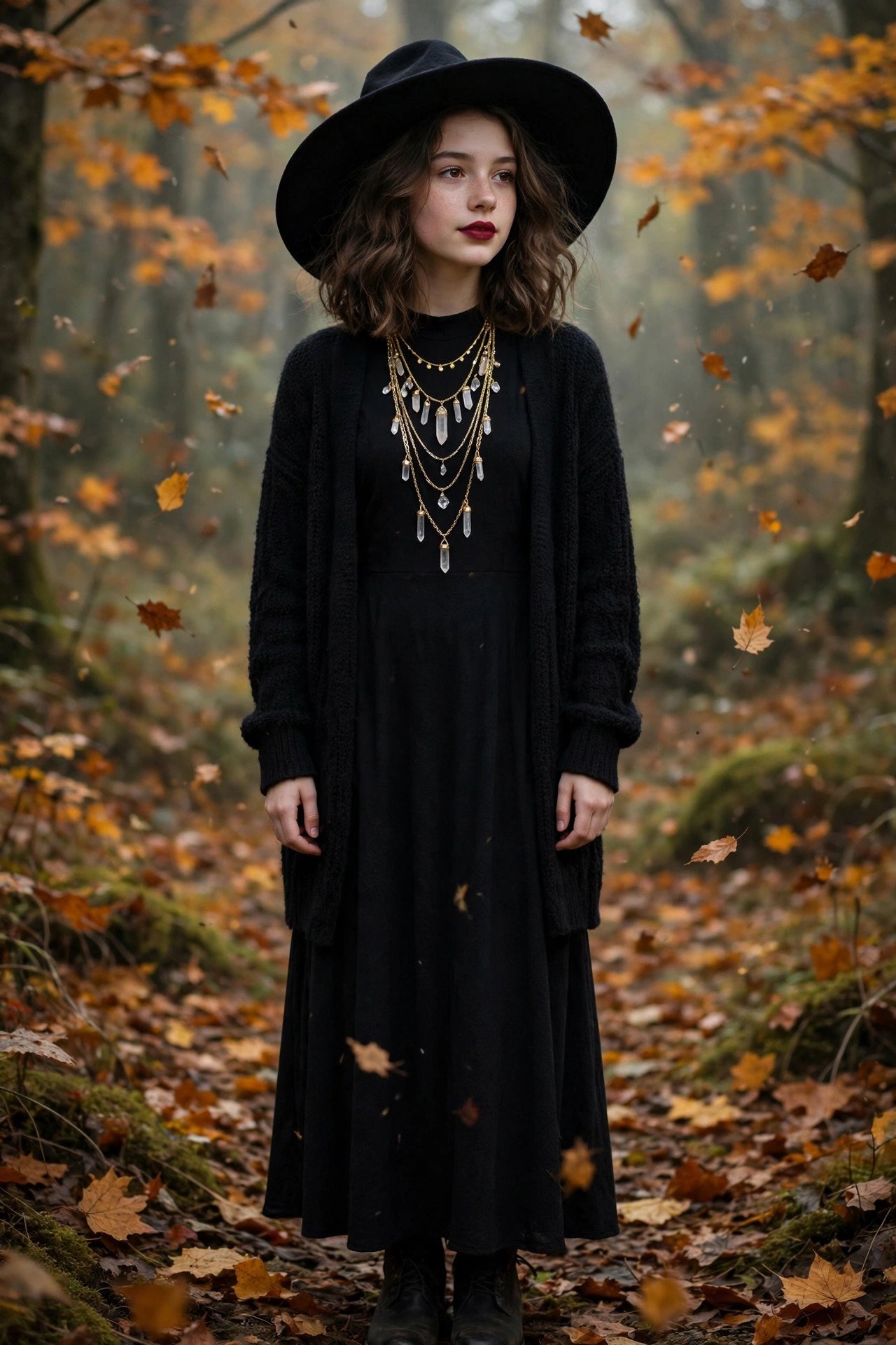 Modern witch Halloween costume for teen girls with black maxi dress and wide brim hat