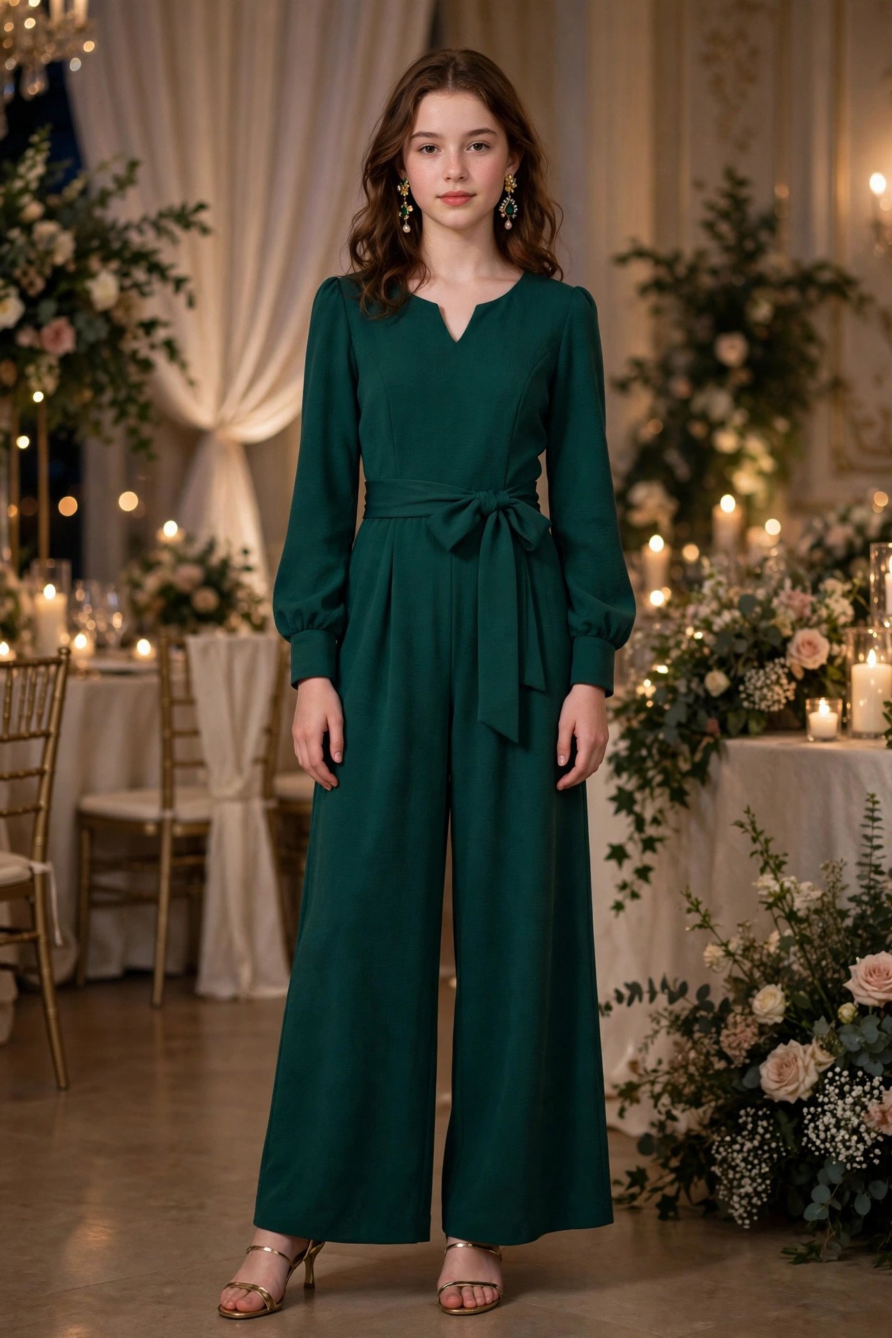 Teenage girl in an emerald green wide-leg jumpsuit with a waist sash