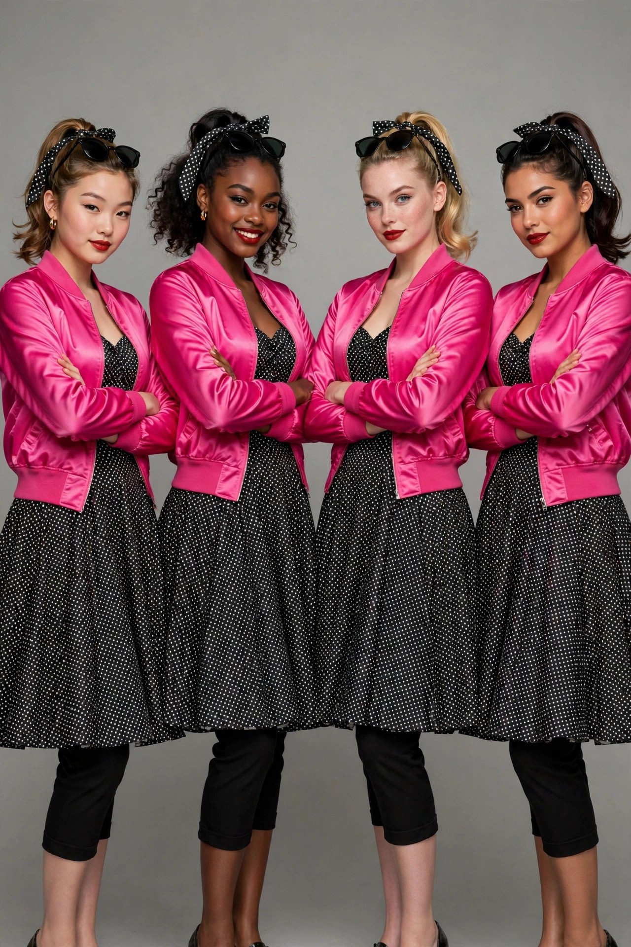 Four women in hot-pink satin bomber jackets with 1950s ponytails and red lipstick