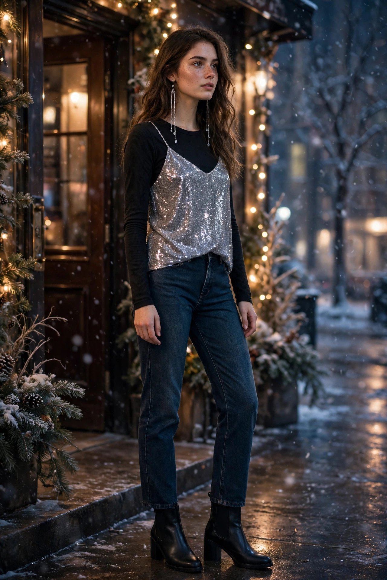 Silver sequin camisole over black long-sleeve tee with dark jeans and heeled Chelsea boots