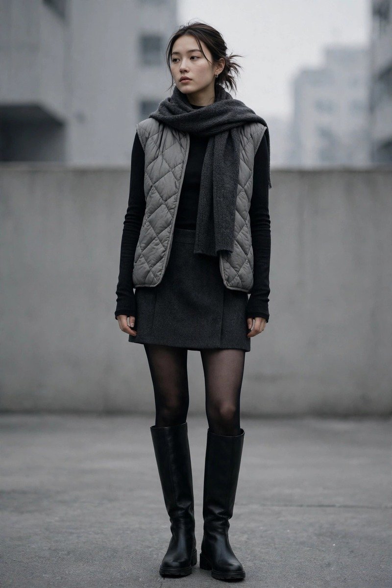 Woman in a black thermal top with a quilted grey gilet, dark wool mini skirt, black tights, knee-high boots and a wool scarf