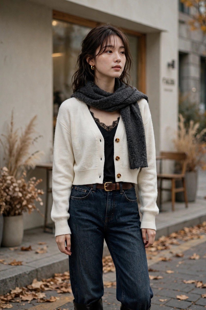 Woman in off-white cropped cardigan with dark wash bootcut jeans and wool scarf