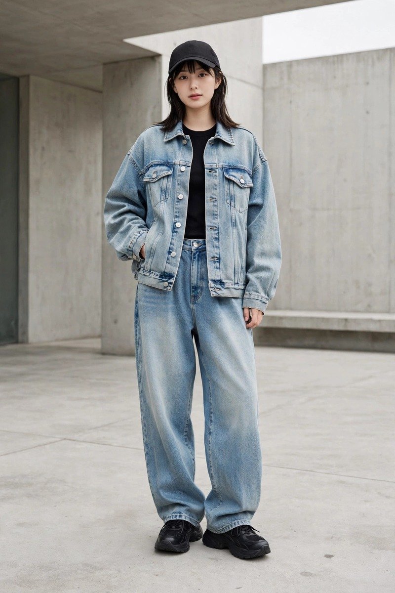 Oversized faded denim jacket with matching baggy jeans, acubi double denim outfit