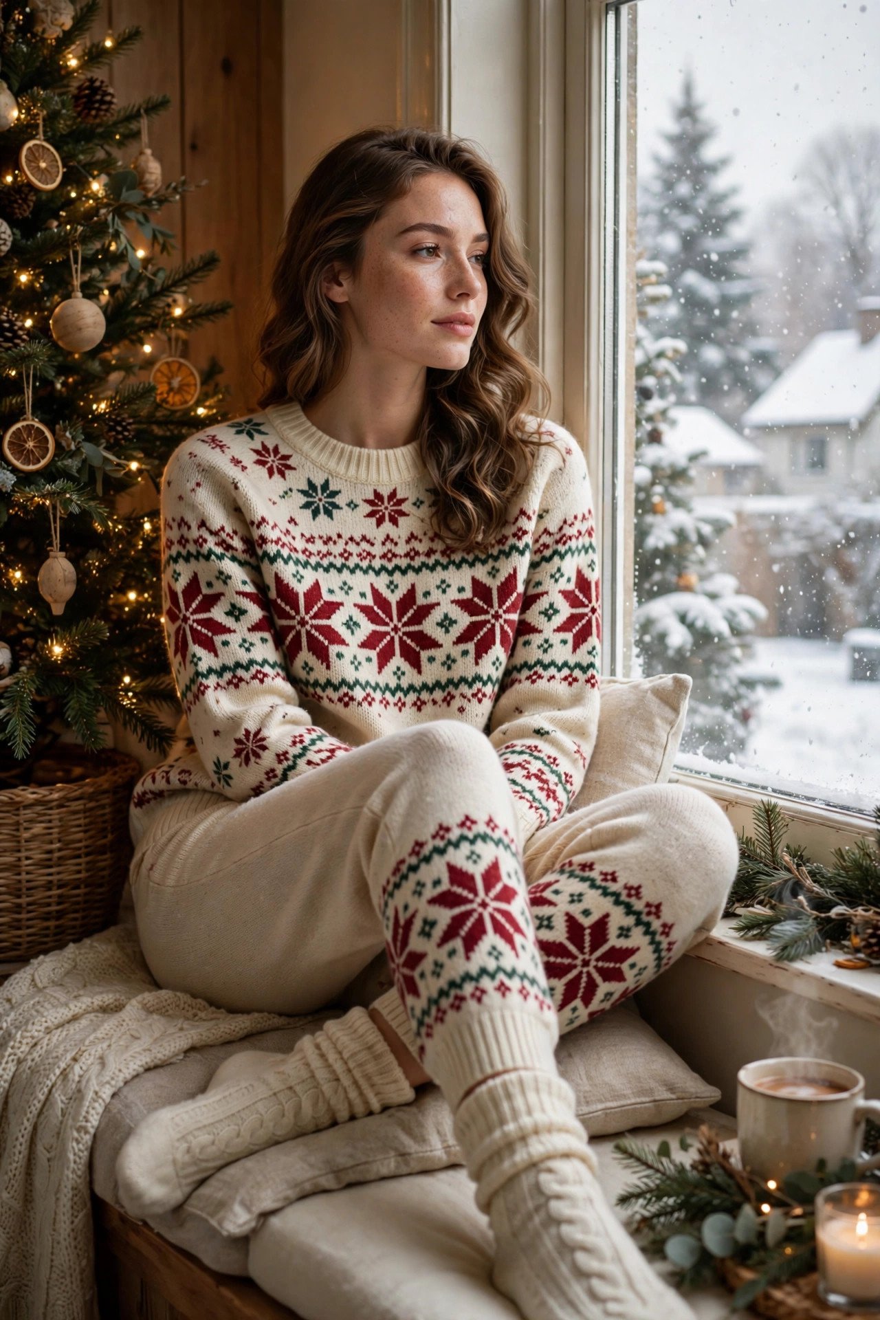 Woman in a cream Fair Isle knit sweater and jogger loungewear set by a snowy window