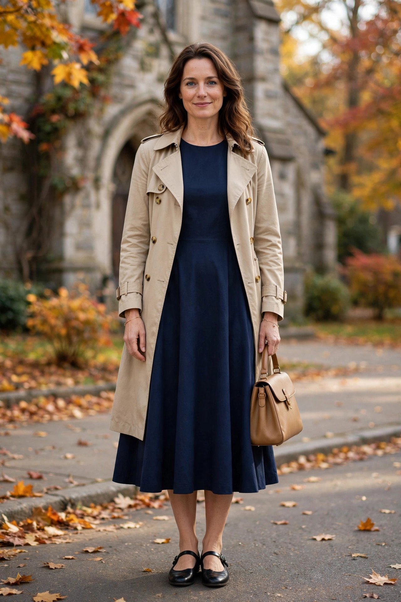 Woman in a navy A-line midi dress with a beige trench coat and Mary Jane flats