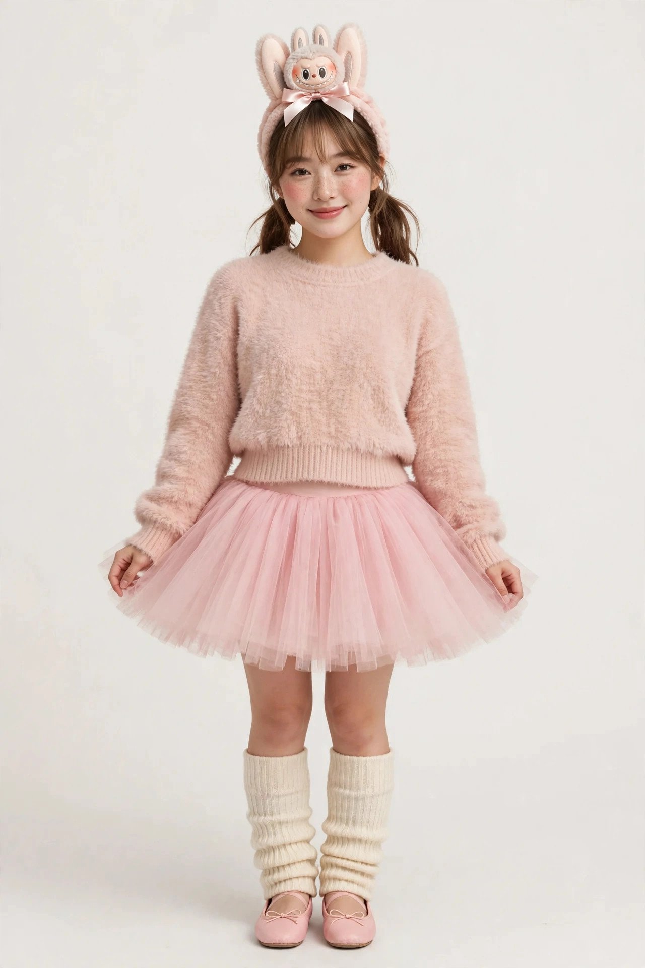 Woman in a balletcore Labubu costume with a pink tulle skirt, leg warmers and plush bunny ears