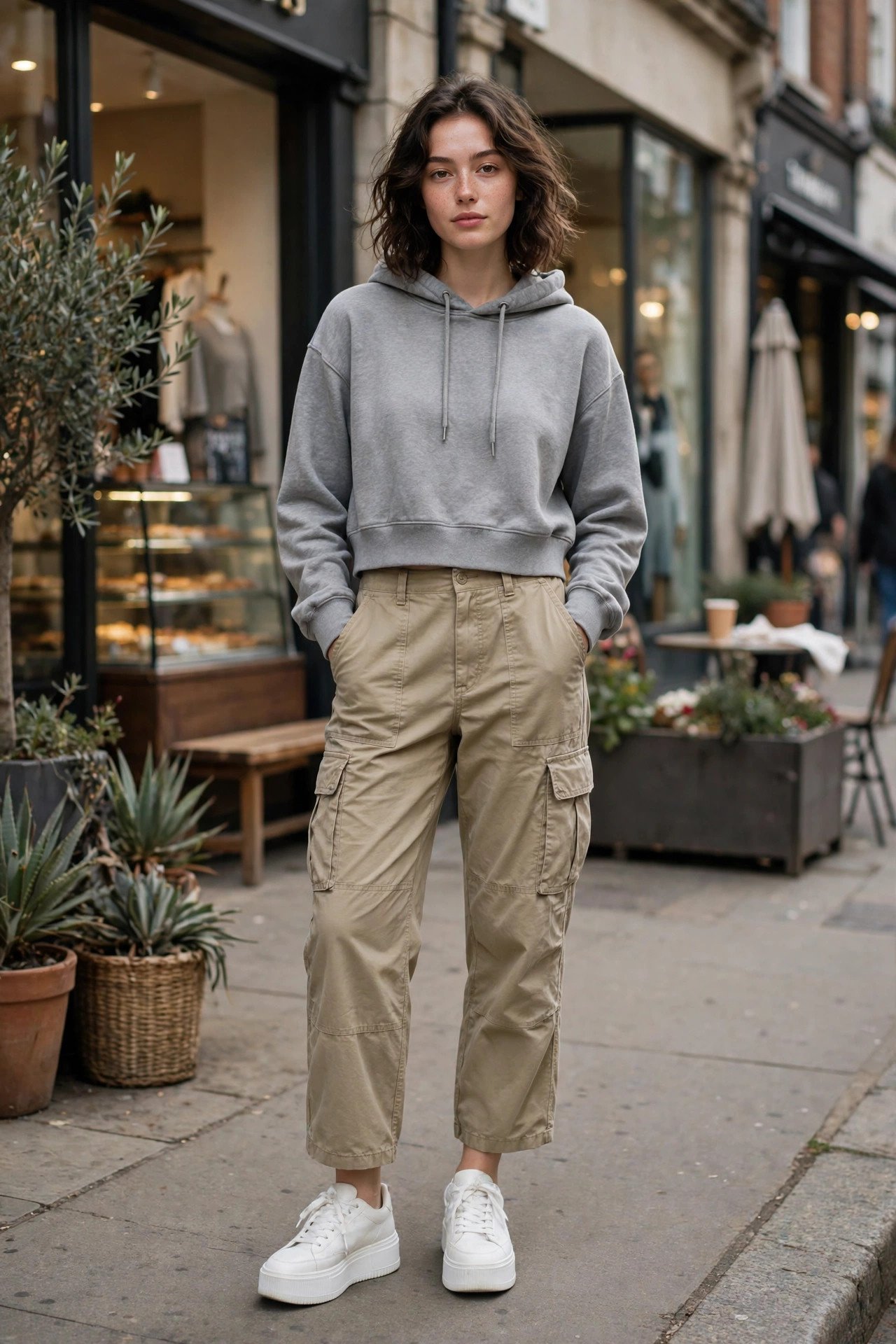 Woman in white platform sneakers, khaki cargo pants and cropped grey hoodie