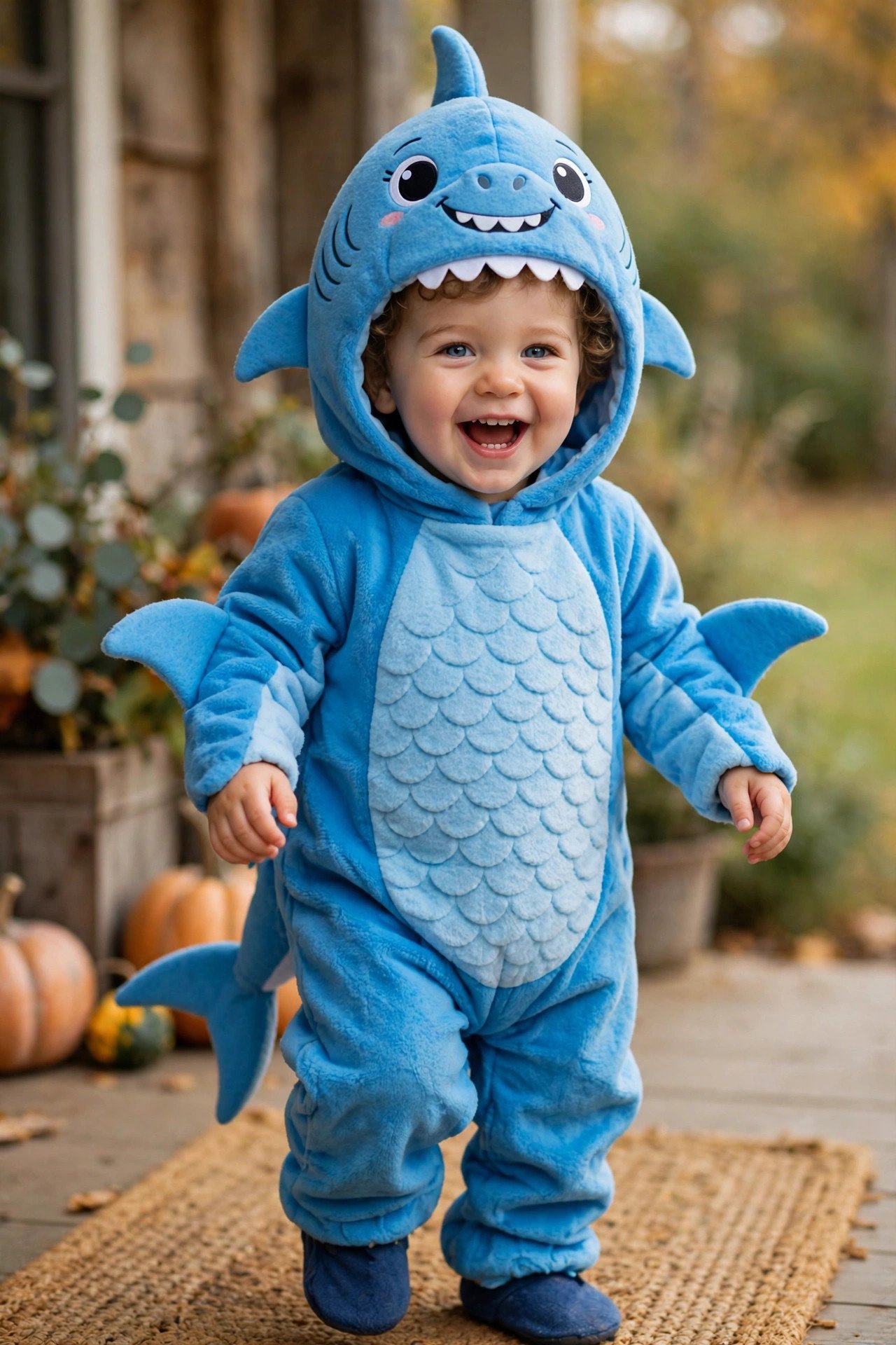 Joyful toddler in a bright blue friendly shark Halloween costume with smiling hood