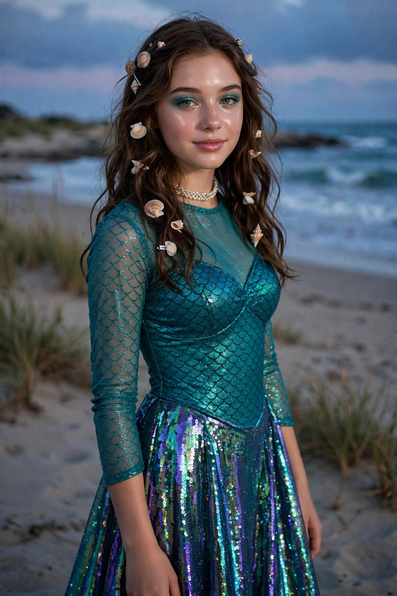 Mermaid Halloween costume for teen girls with teal top, sequin skirt and shells