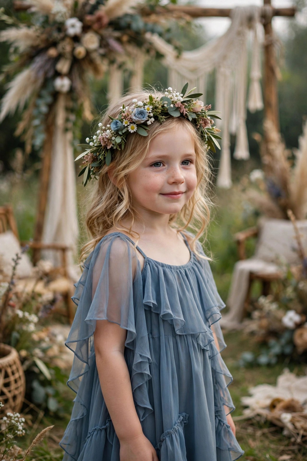 Flower girl in a dusty blue chiffon dress wearing a fresh floral crown at a boho outdoor wedding