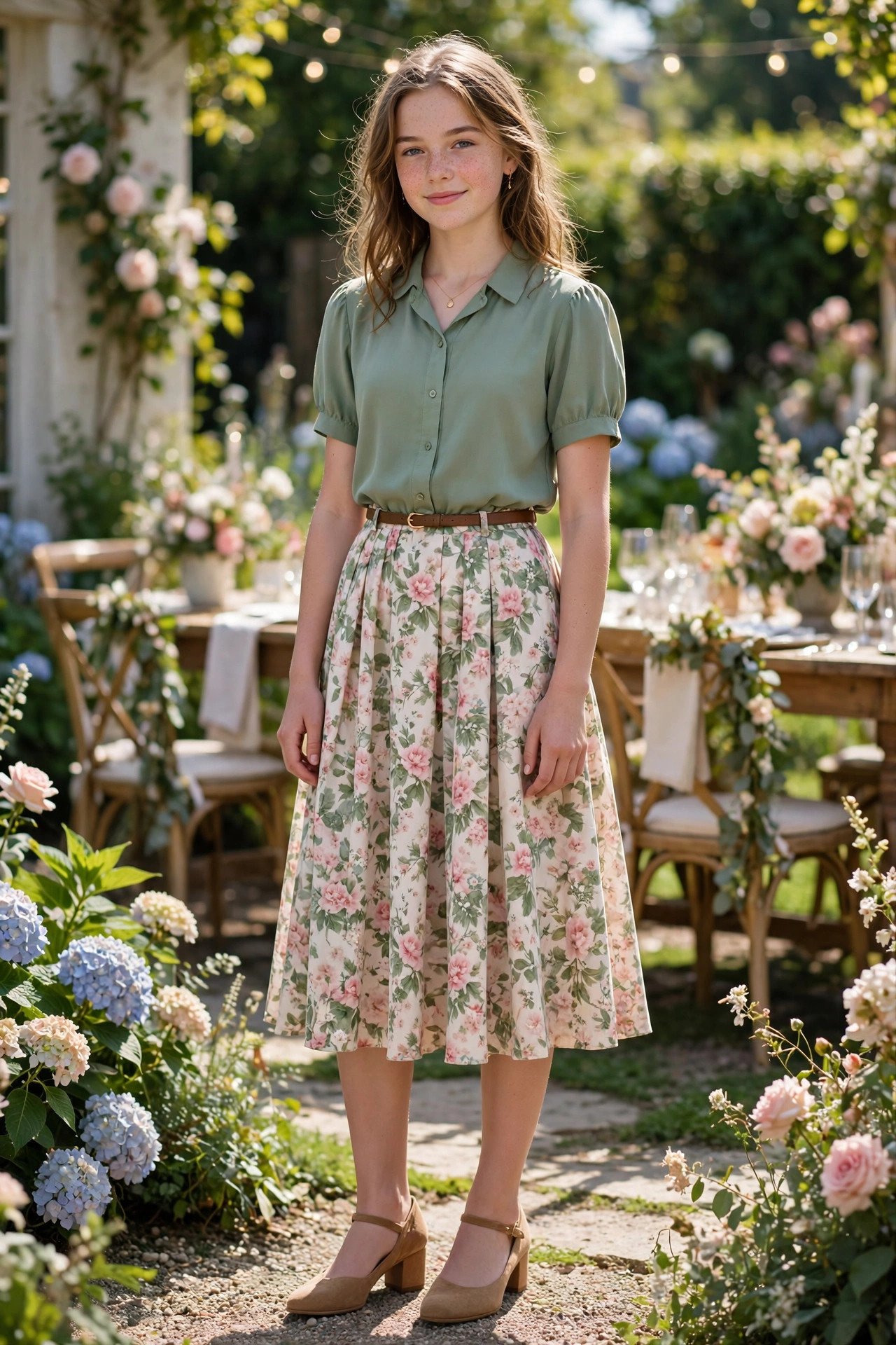 Teenage girl in a floral tea-length skirt and blouse two-piece set