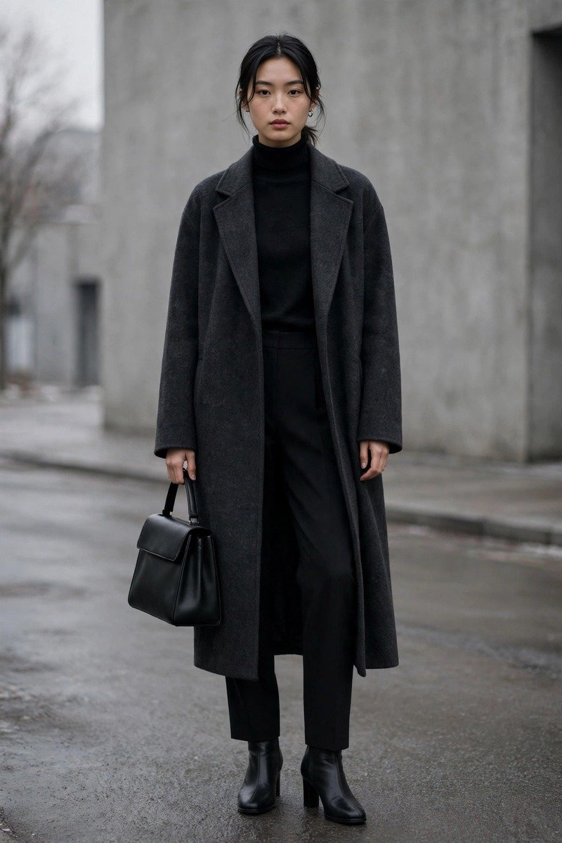 Woman in a black turtleneck with a long charcoal wool coat, black tailored trousers and heeled ankle boots