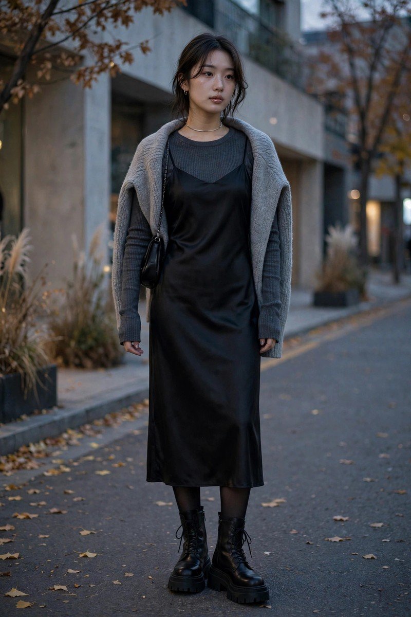 Woman in charcoal long-sleeve layered under a black satin slip dress with boots