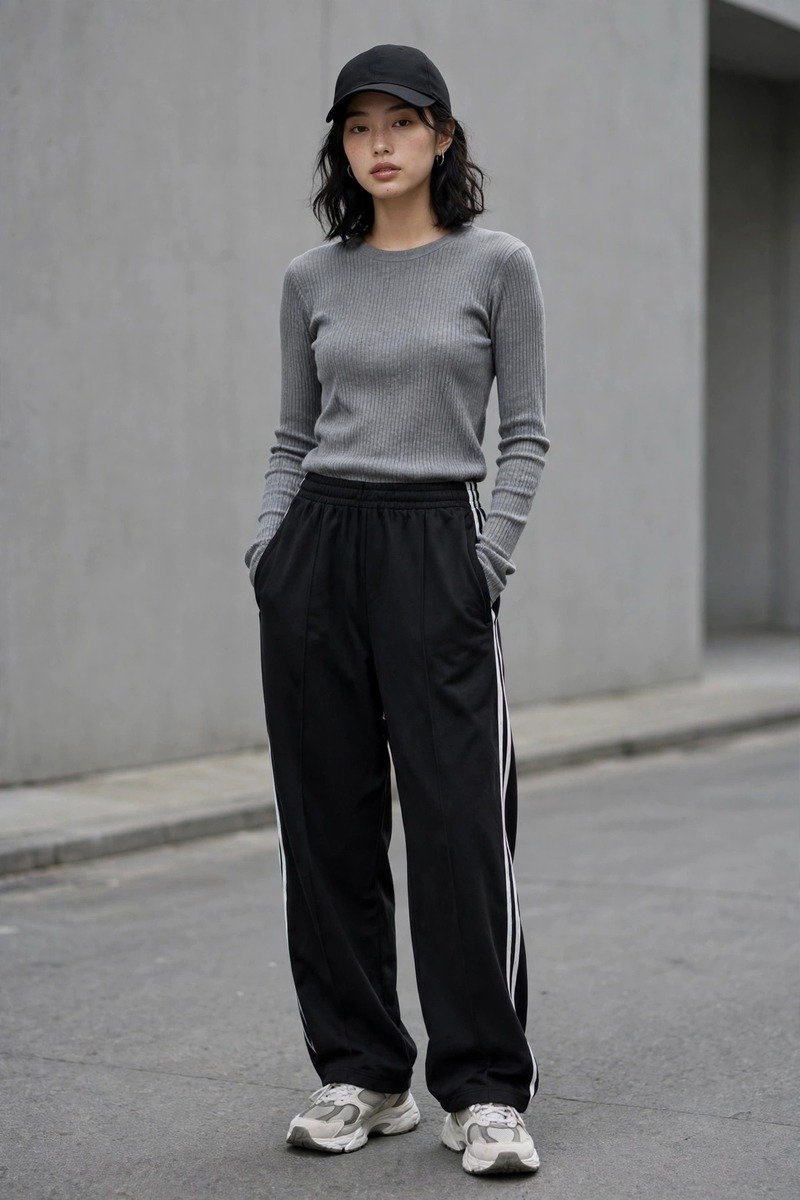 Grey ribbed knit top with black track pants with white stripes, sporty acubi look