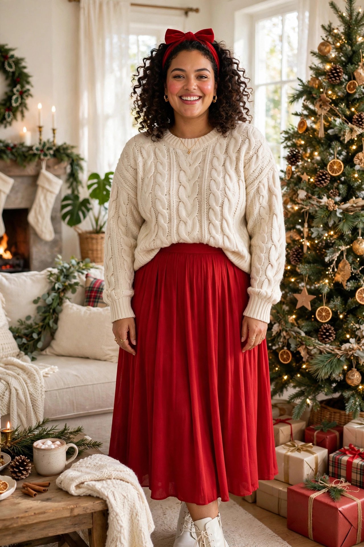 Plus-size woman in a cream cable-knit sweater with a red pleated midi skirt