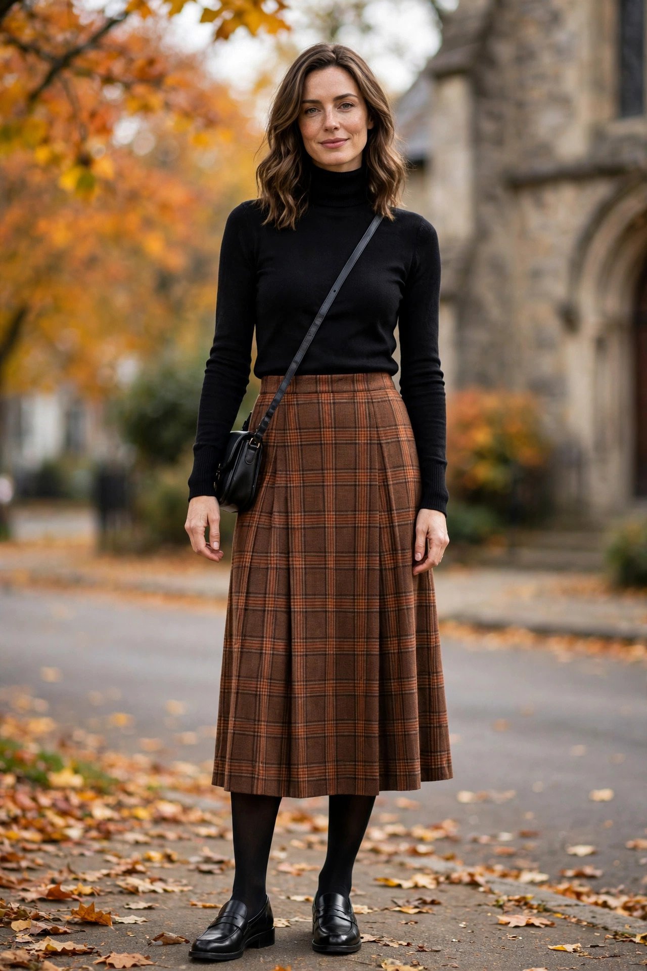 Woman wearing a brown plaid midi skirt with a black turtleneck, tights and loafers