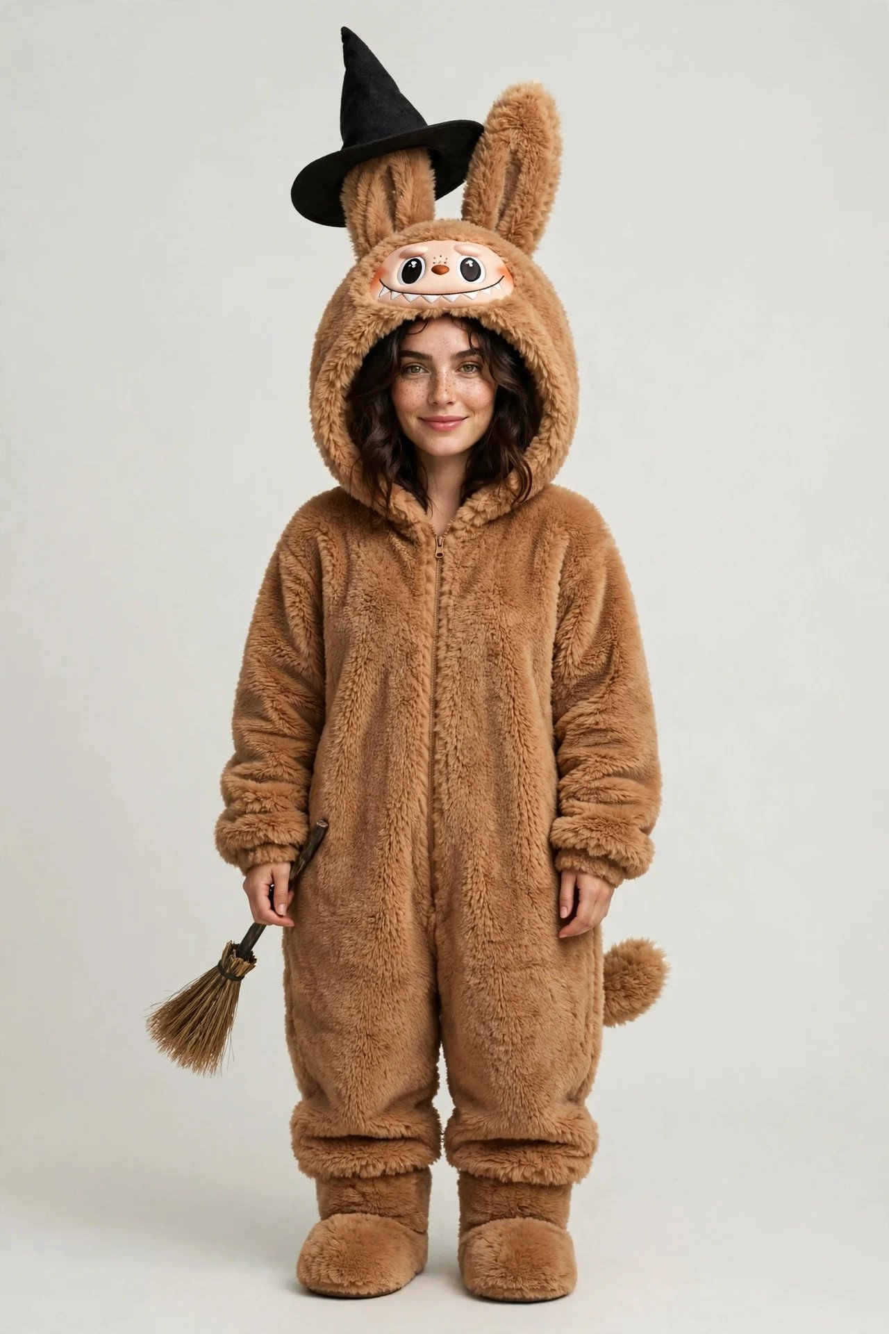 Woman in a fluffy Labubu costume wearing a black witch hat for Halloween