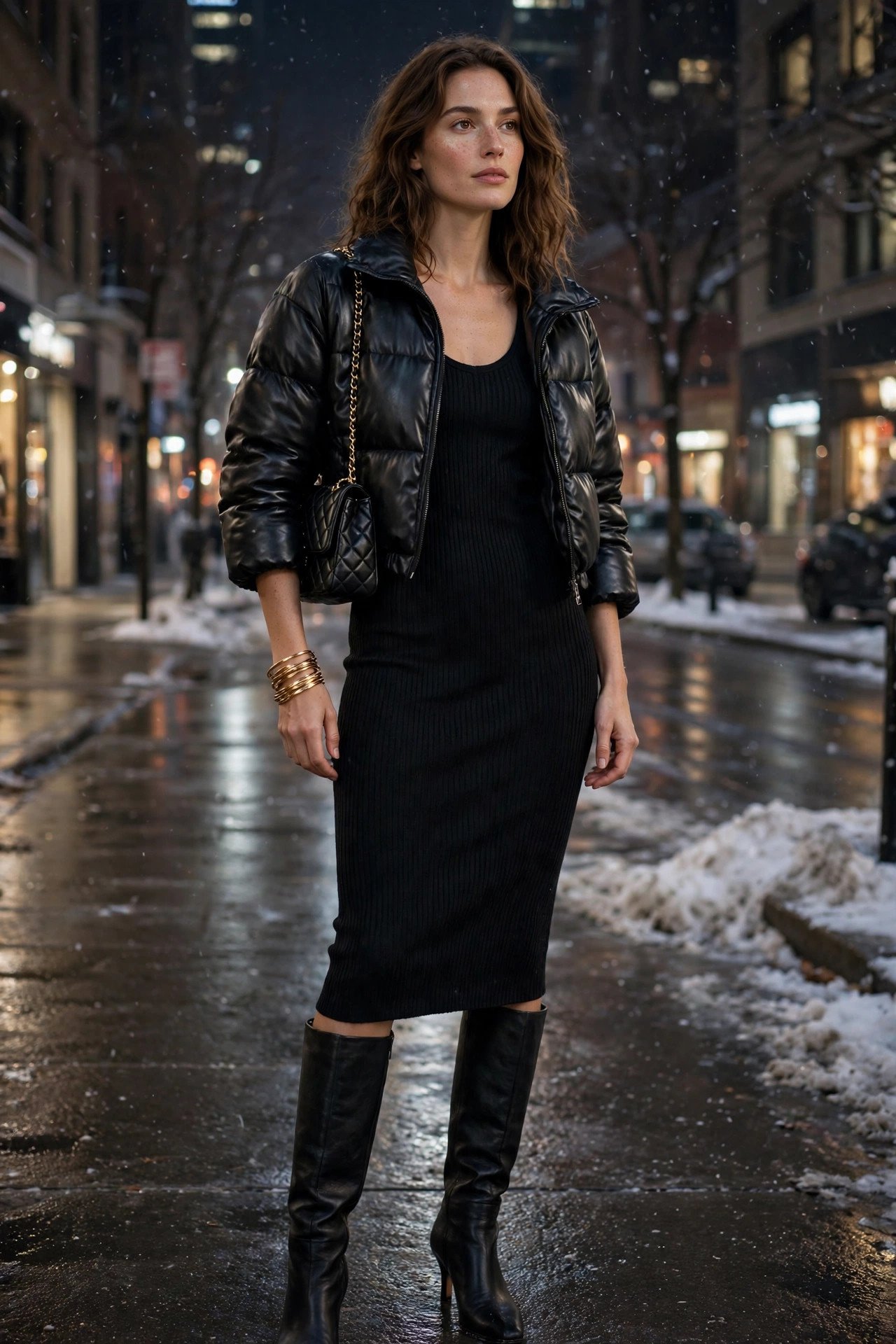 Black ribbed bodycon knit midi dress with knee-high boots and cropped faux-leather puffer