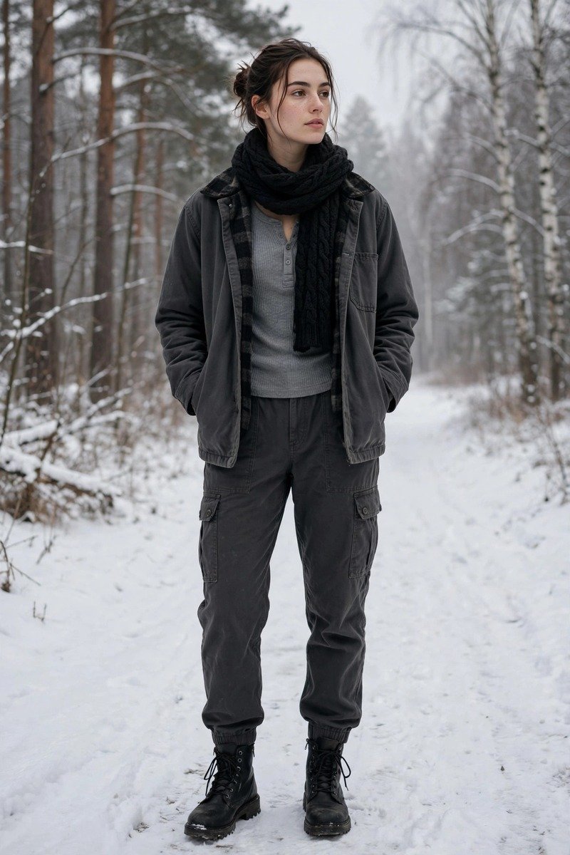 Woman in a grey ribbed henley with a flannel-lined charcoal chore jacket, cargo pants, rugged boots and a knit scarf