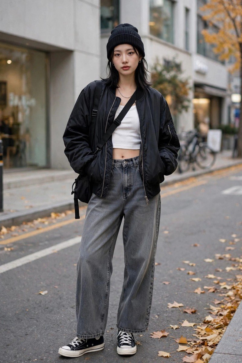 Woman in black bomber jacket with washed grey wide-leg jeans and high-top sneakers