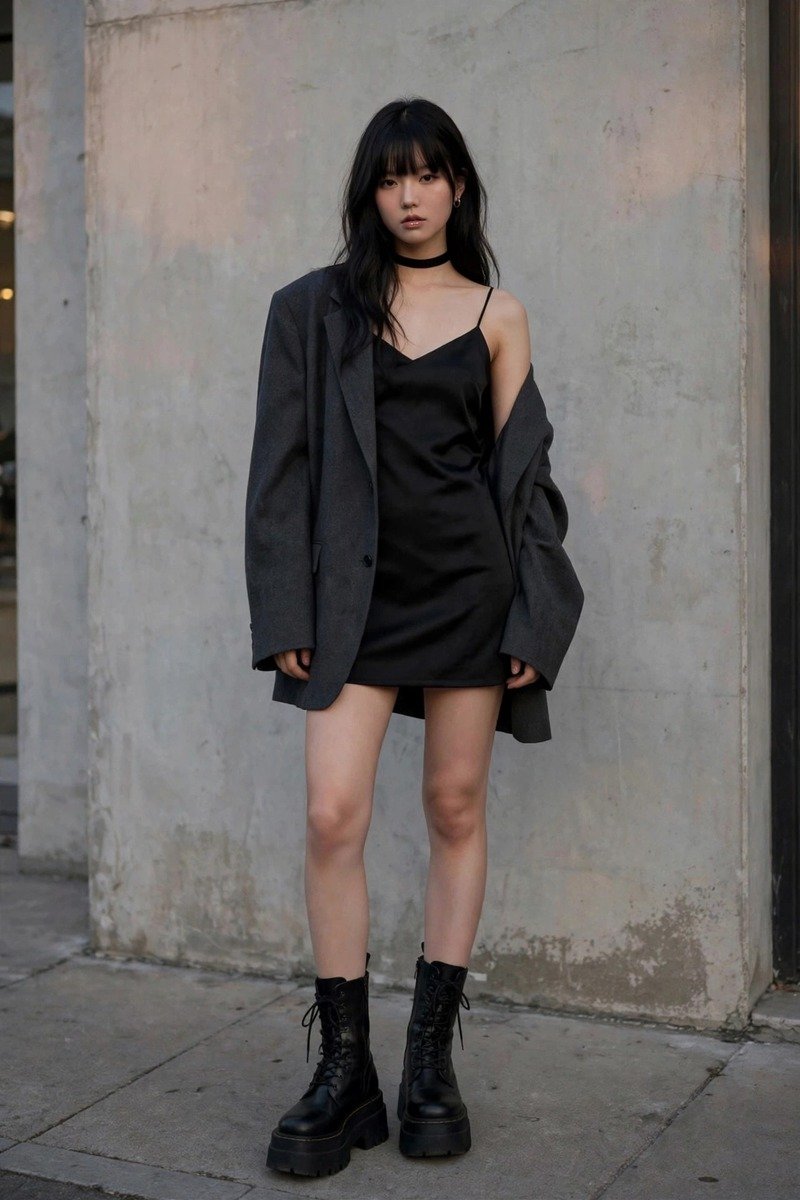 Black slip mini dress layered under an oversized charcoal blazer, dressed-up acubi outfit