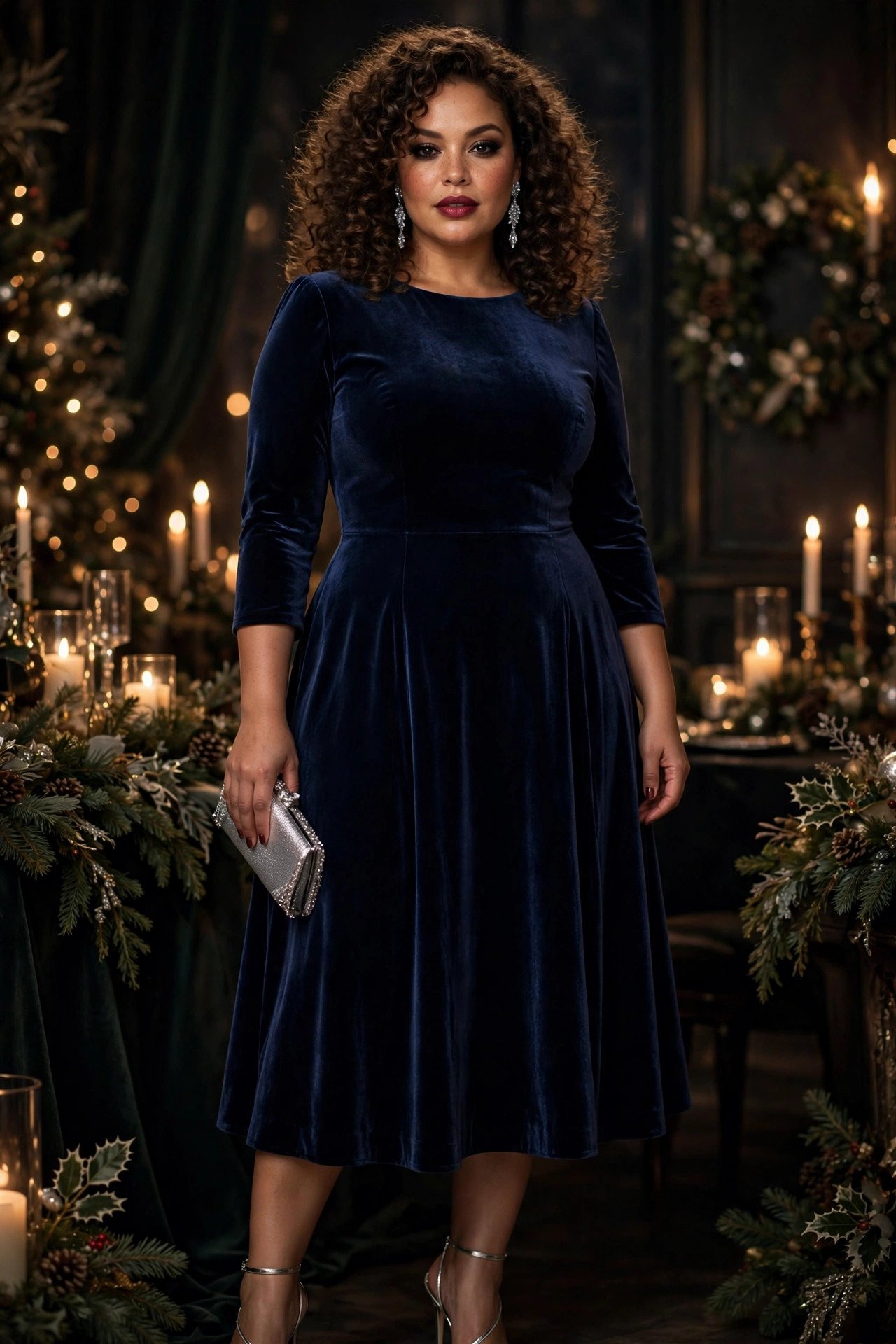 Plus-size woman in a navy velvet midi dress with silver accessories