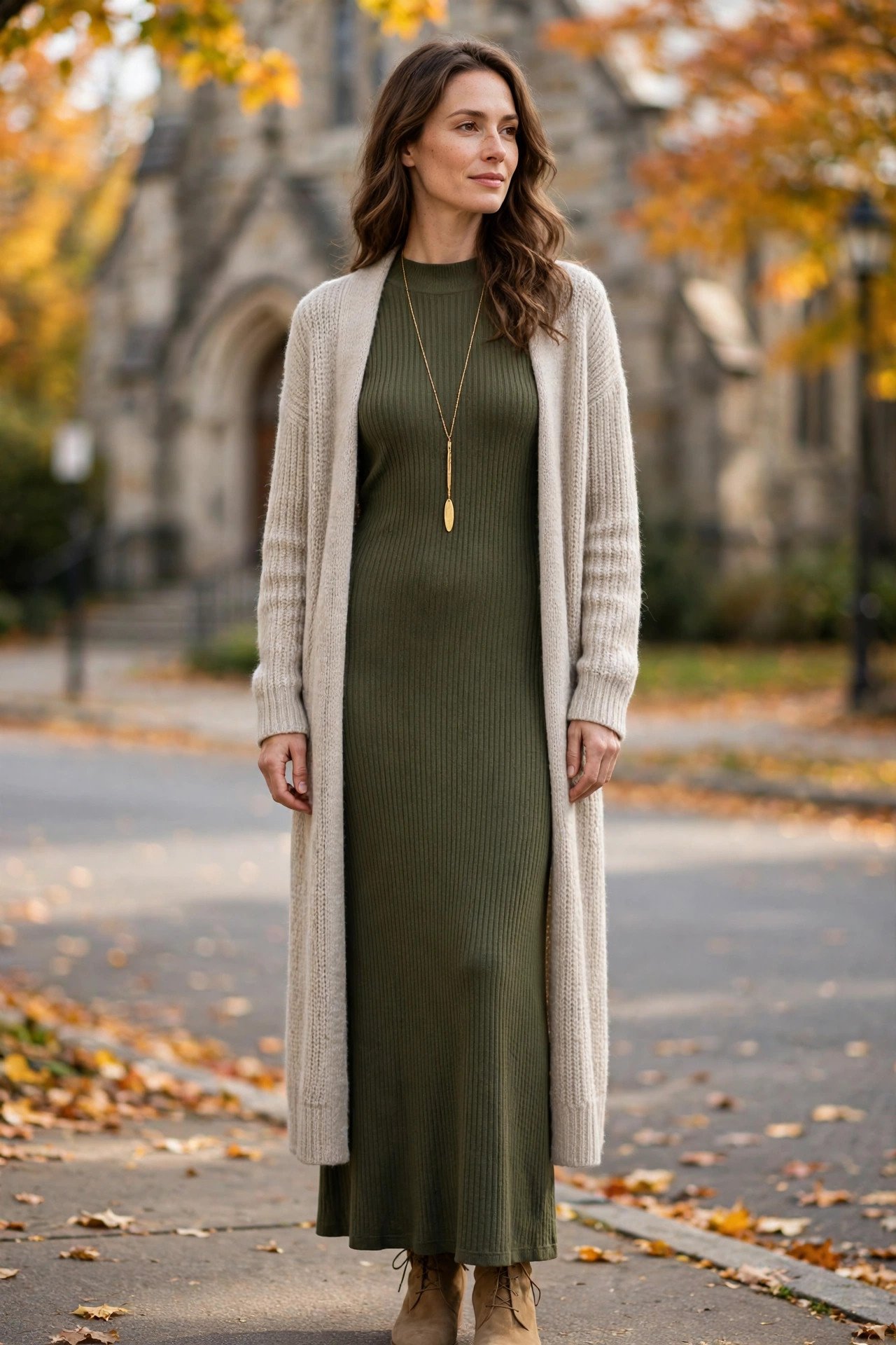 Woman in an olive ribbed knit maxi dress with tan ankle boots