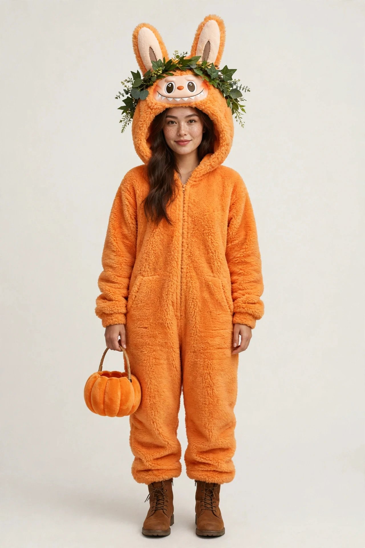 Woman in an orange pumpkin Labubu costume with fluffy bunny ears at a pumpkin patch
