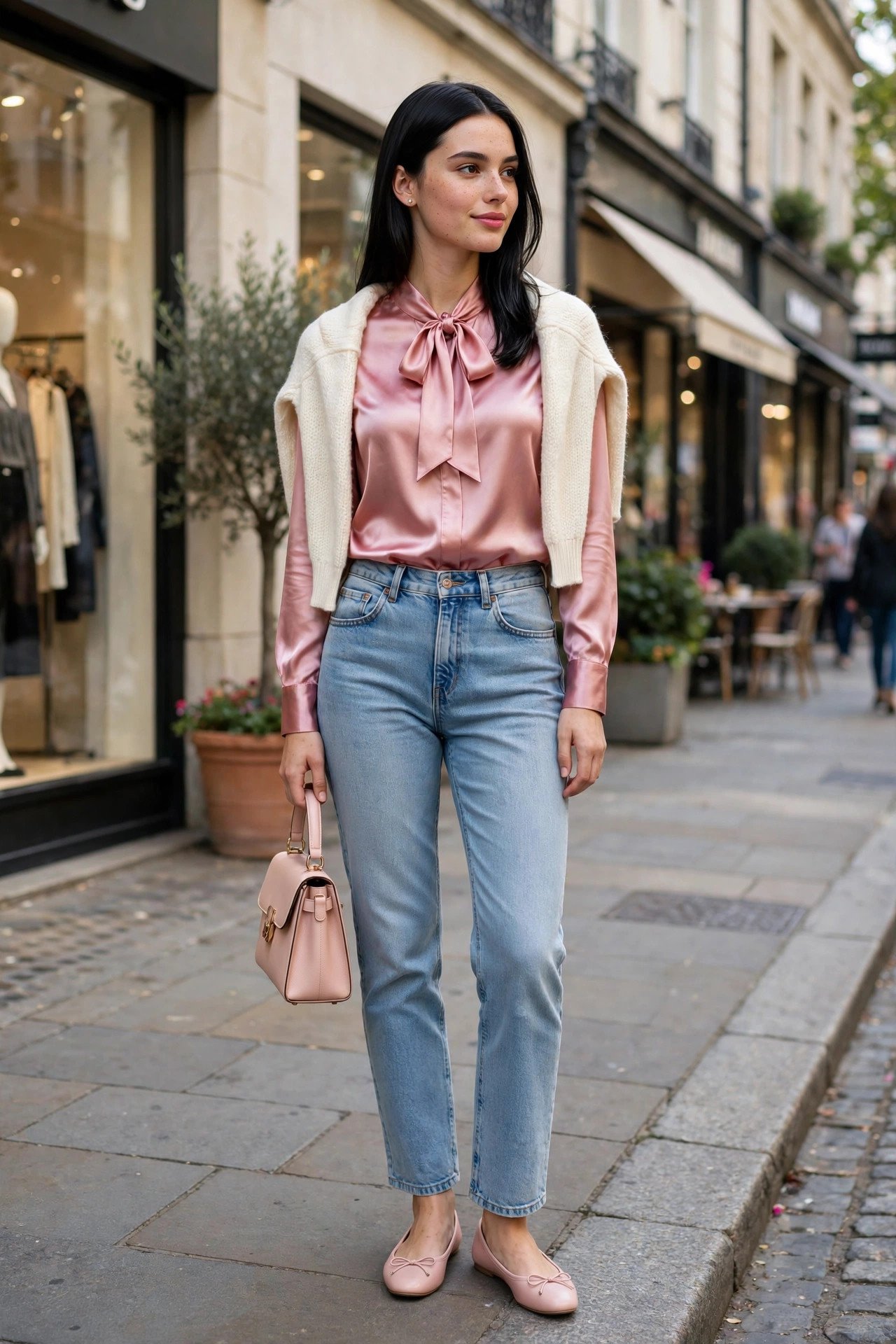 Rose satin pussy-bow blouse with high-waisted jeans and a cropped cream cardigan