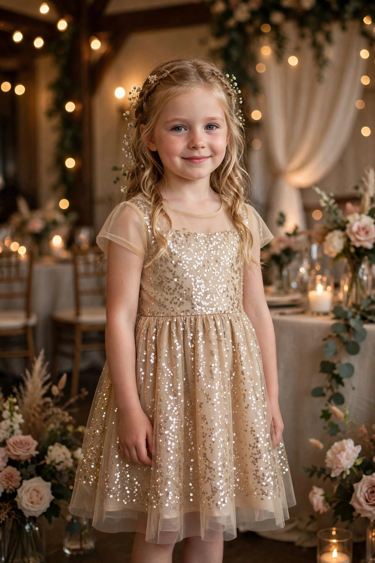 Young flower girl wearing a champagne gold sequin dress with soft mesh lining at a wedding reception