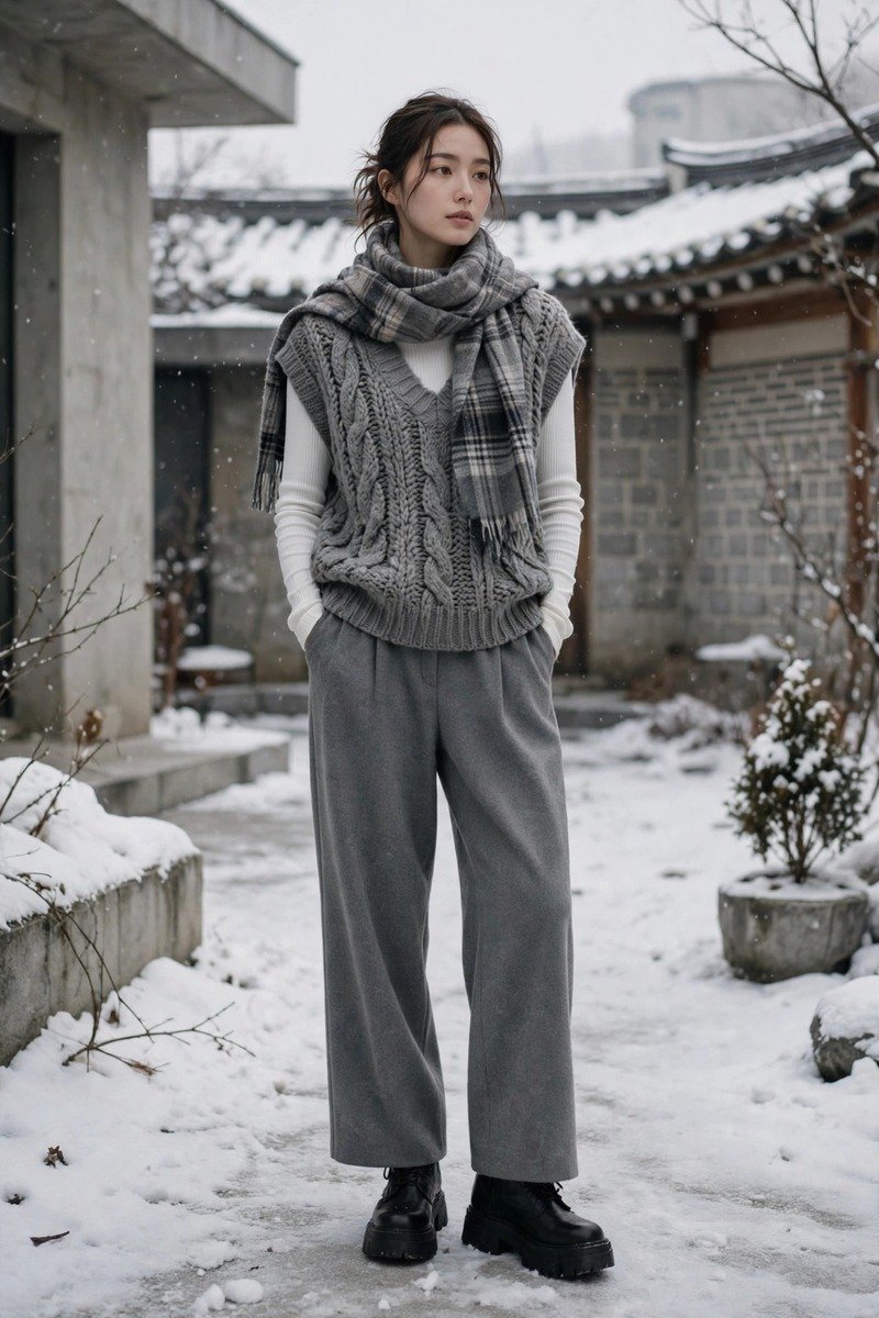 Woman in a white thermal long-sleeve with a chunky grey knit sweater vest, grey wide-leg trousers, plaid scarf and chunky boots