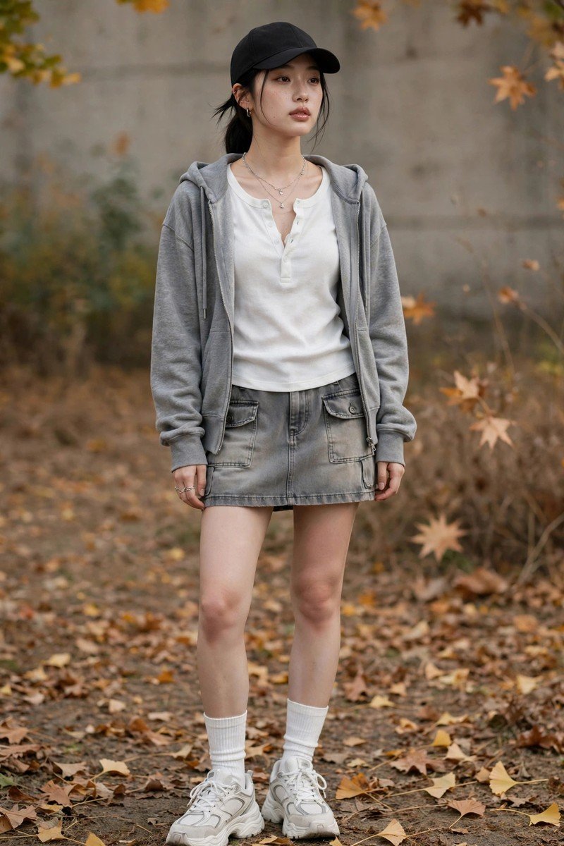 Woman in white henley top with faded grey cargo mini skirt and sneakers