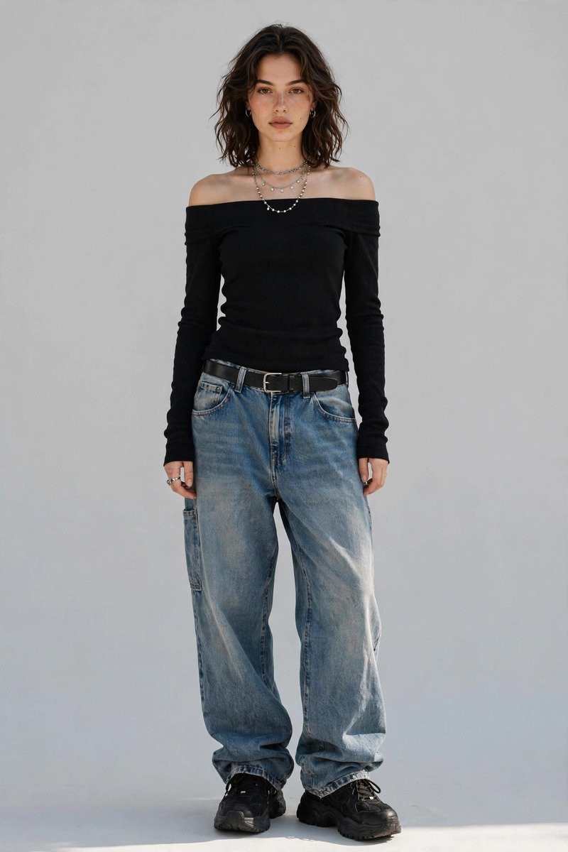 Black off-shoulder top with low-rise baggy faded jeans, Y2K acubi streetwear look
