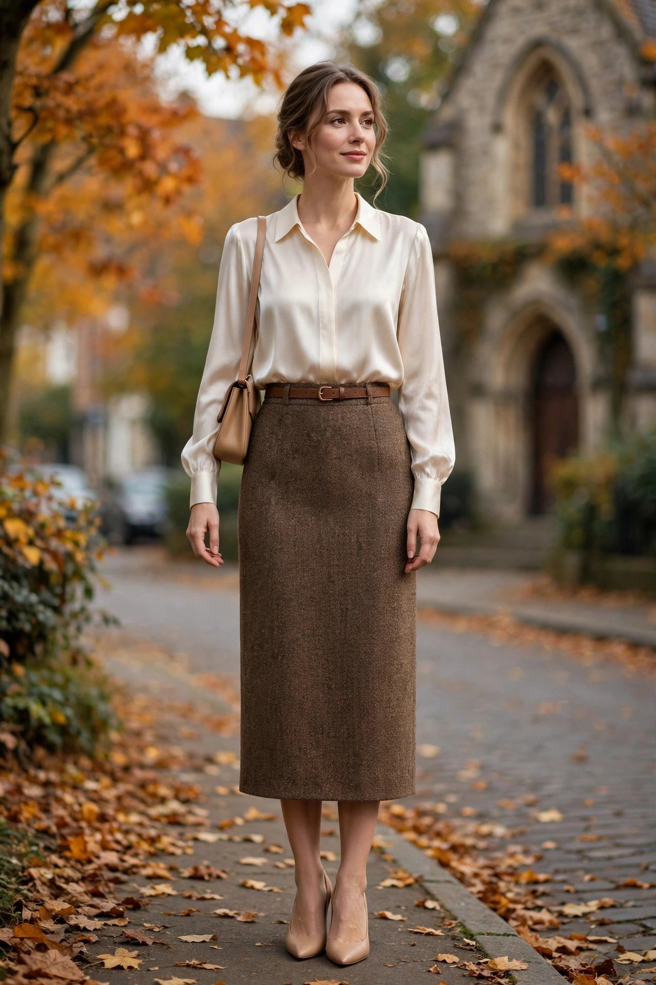 Woman wearing an ivory satin blouse with a brown tweed midi skirt and pumps