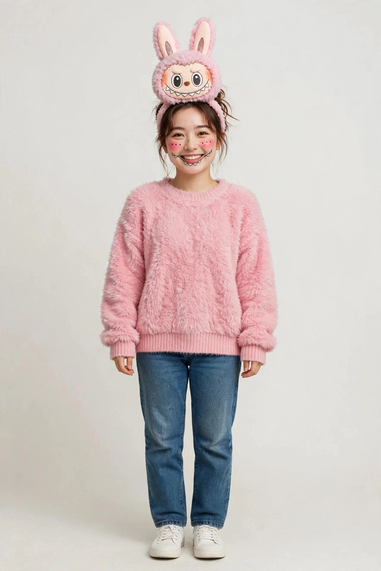 Woman in a DIY Labubu costume with a plush bunny-ear headband, face paint and a fuzzy sweater