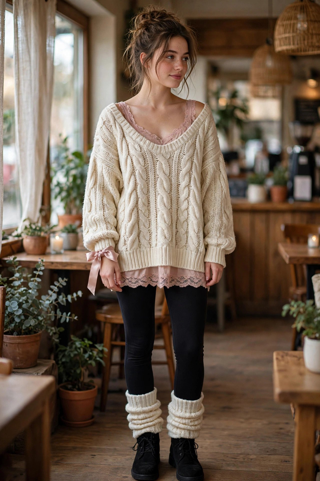 Blush lace-trim cami under an oversized cream sweater with leg warmers and ankle boots