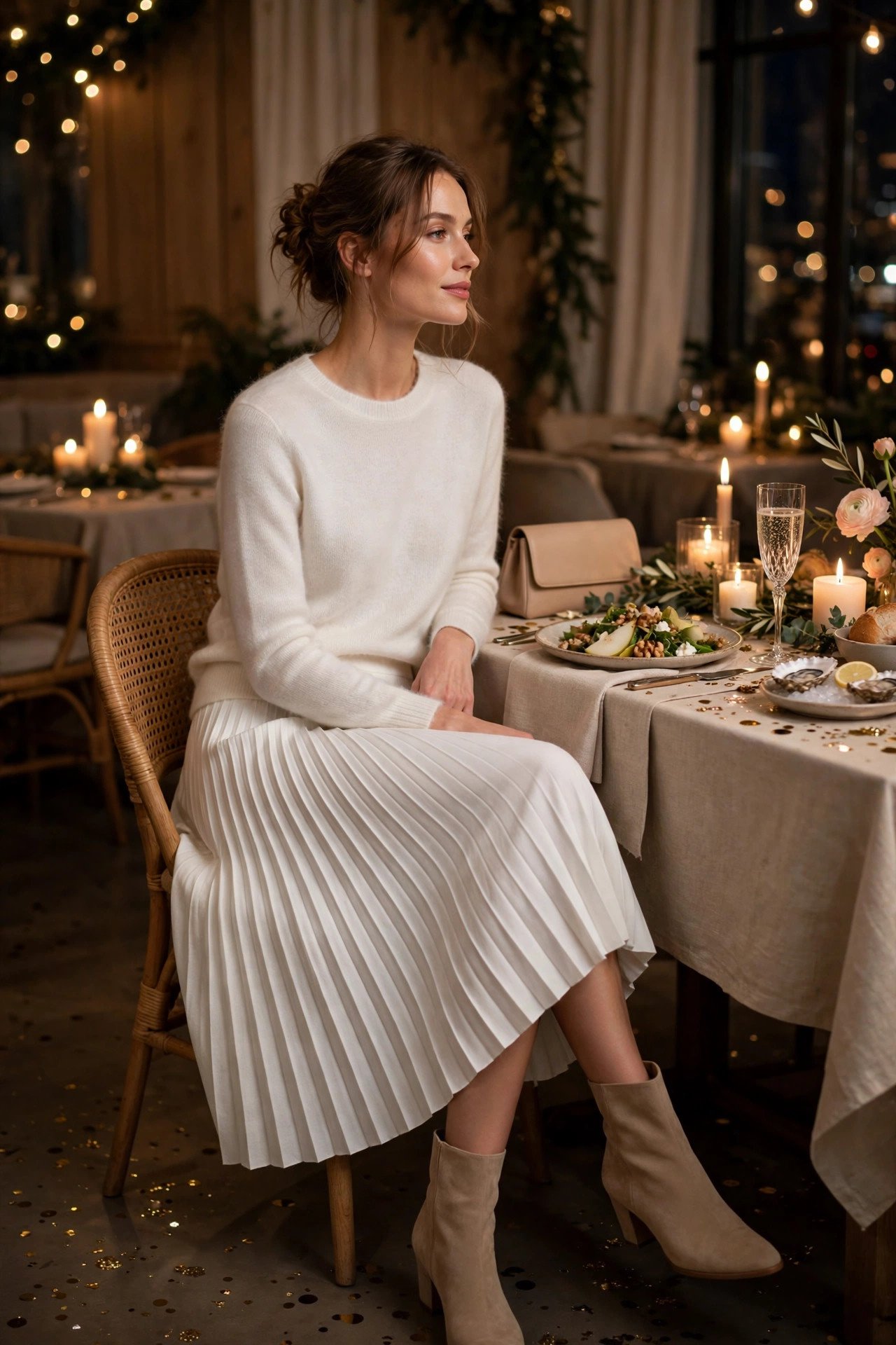 Woman in a white pleated midi skirt with a white cashmere knit