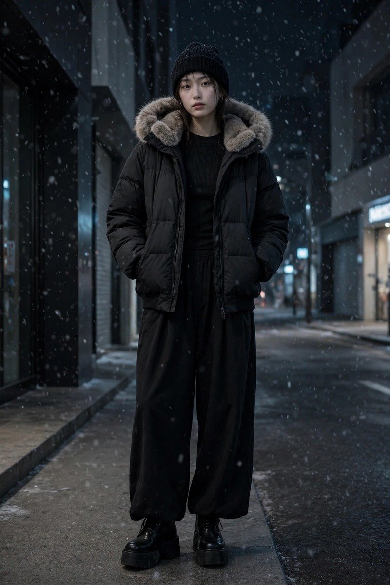 Woman in a black base layer with a black puffer jacket with a faux-fur-lined hood, black wide-leg pants and platform boots