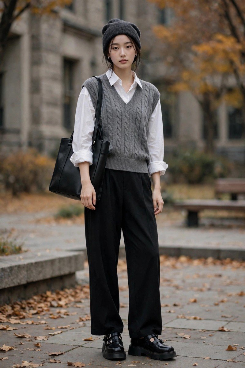 Woman in grey knit vest layered over white button-down shirt with black trousers